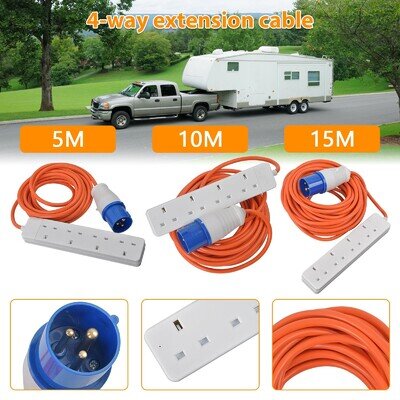 Camping 4 Way Extension Lead Electric Hookup Power Cable Plug Socket Caravan UK Camping 4 Way Extension Lead Electric Hookup Power Cable Plug Socket Caravan UK