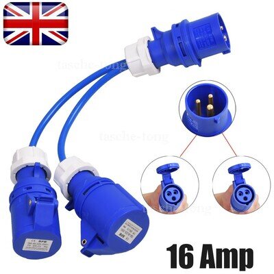 16A PLUG TO 2 X 16Amp SOCKETS 2 WAY SPLITTER CARAVAN CAMPING MAINS HOOK UP 240V