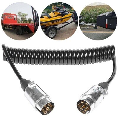 2M 7 Pin Trailer Extension Coiled Cable with Trailer Adapter Plug Socket New