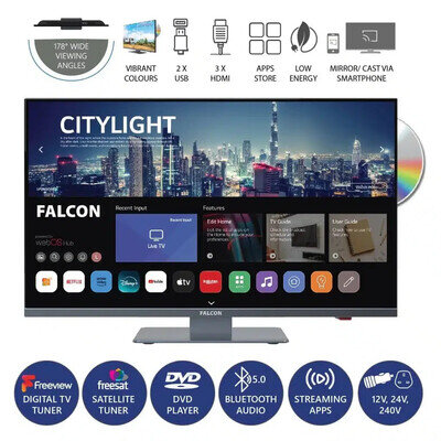 Falcon 19″ WebOS SMART Camping Travel TV, Slim Bezel 12v/24v/240v Integrated DVD