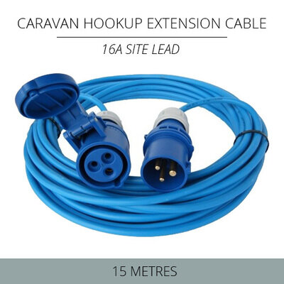15M CAMPERVAN AND CARAVAN HOOK UP BLUE EXTENSION CABLE LEAD IP44 PLUG & SOCKET