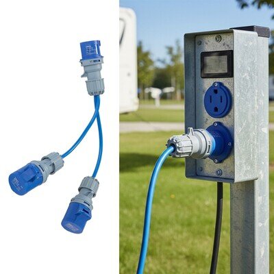 32A / 16A to 2 x 16A Sockets 2 Way Mains Splitter Cable Caravan Camping Hook Up