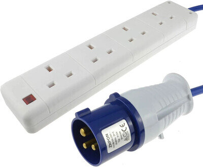 Hook Up Mains 1.5mm Cable 4 Gang Way 20M 16A Plug Socket Camping Tent Caravan