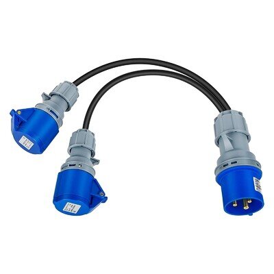32A Plug to 2 x 16A Sockets, 2 Way Caravan Hook Up Cable, Splitter Blue