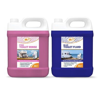FILO Blue Toilet Fluid 2L & Pink Toilet Rinse 2L - Caravan Toilet Chemicals