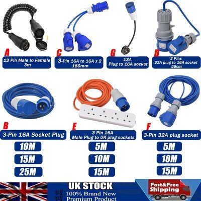 Mains Hook Up Lead Extension cable 16A / 32A Caravan Motorhome Camper 3-Pin UK